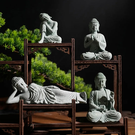 Buddha Reclining Meditating Carving Statue – Feng Shui Figurine for Home, Garden & Desk Decor