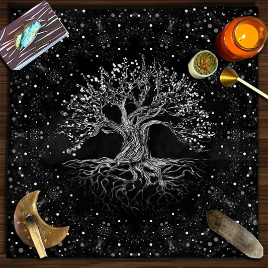 Tree of Life Tarot Card Tablecloth – Moon Phase & Botanical Altar Cloth for Tarot, Wicca, and Divination