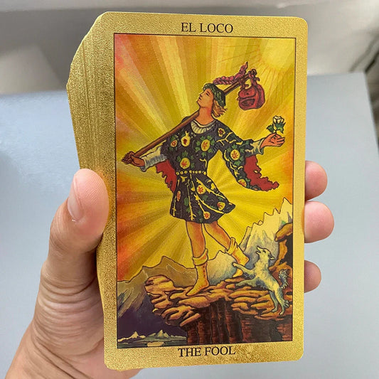 Spanish & English Golden Foil Tarot Cards – 78-Card Prophecy Deck with Bilingual Guidebook